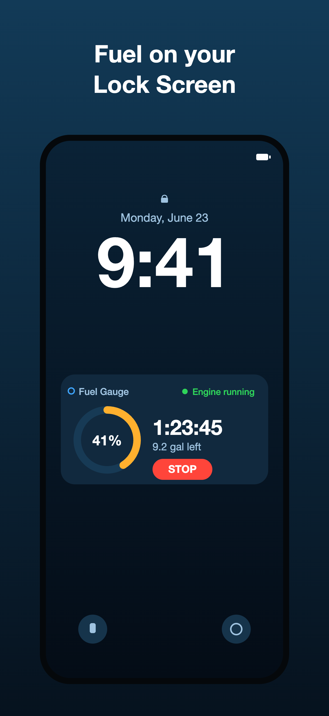 Lock Screen Live Activity showing fuel ring, live timer, and a STOP button